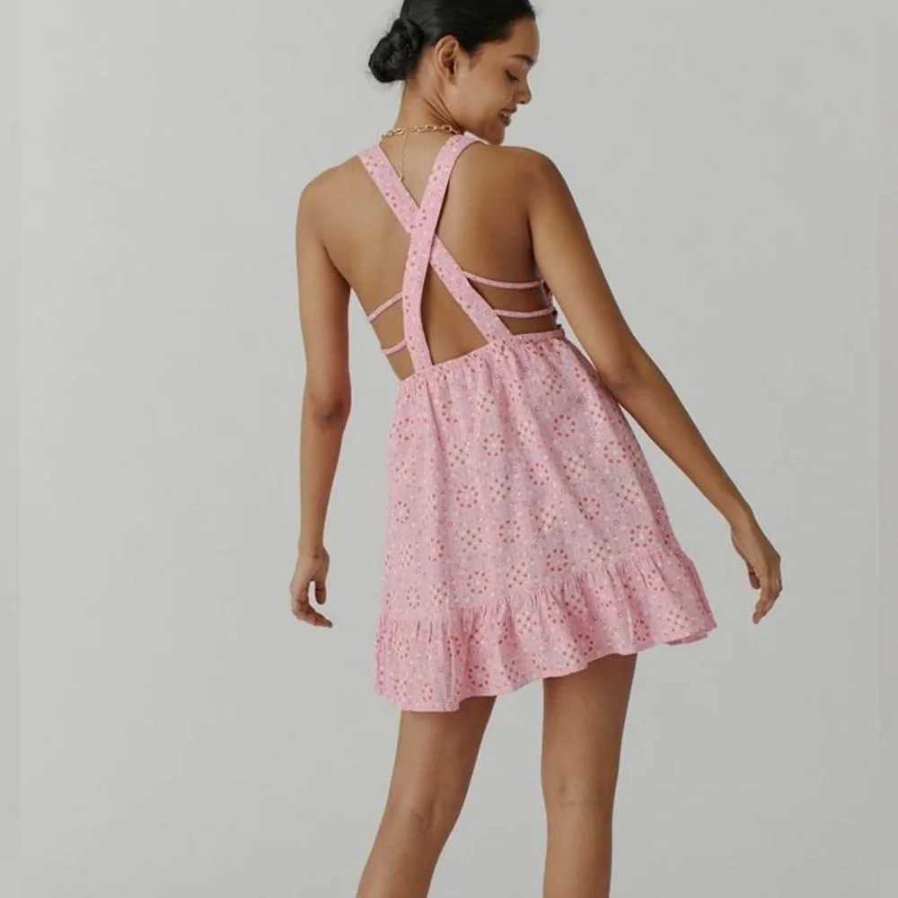 Urban Outfitters Pink Eyelet Ruffle Tie-Waist Mini Dress - Picture 2 of 14